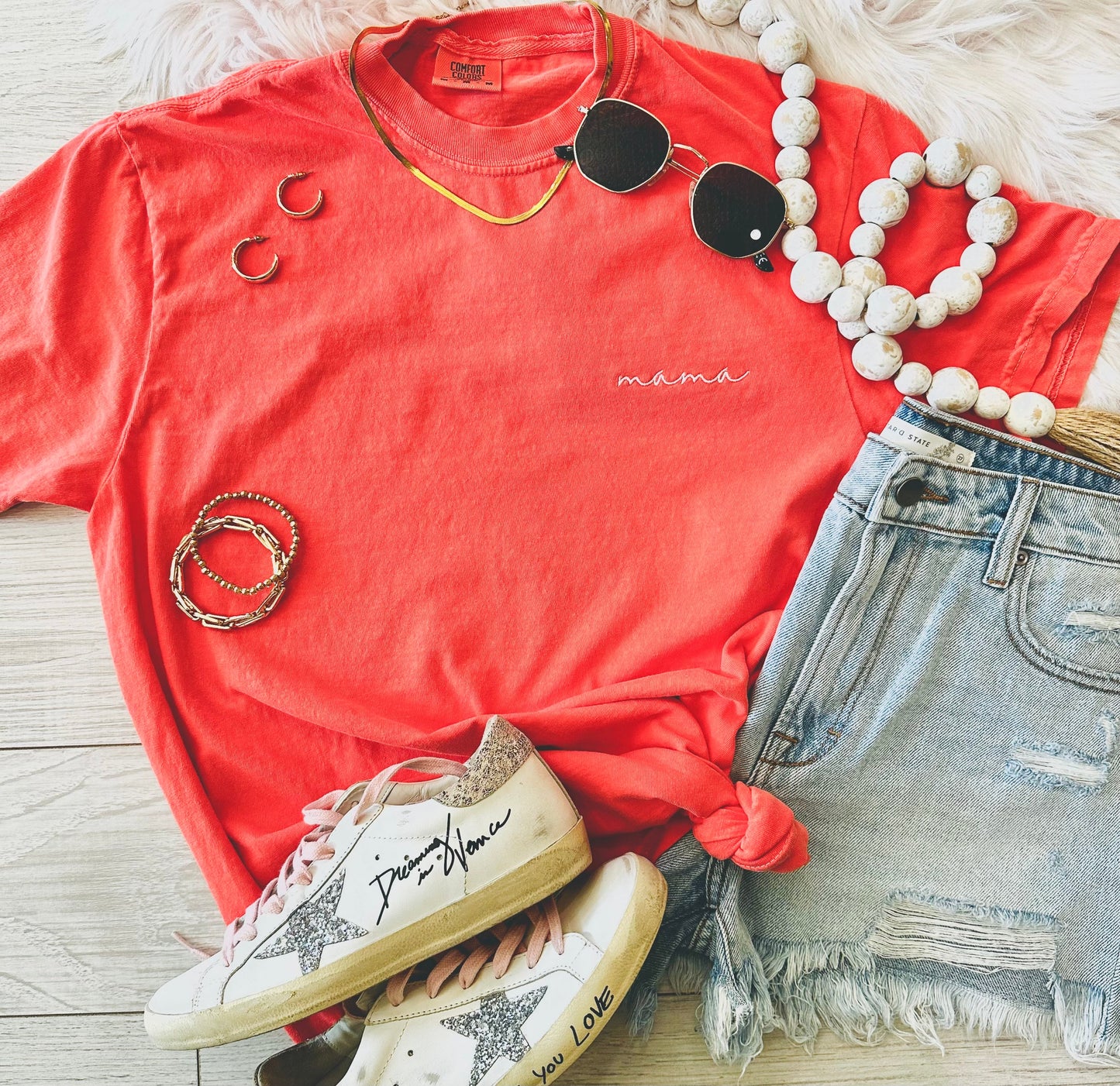 Neon Salmon Dainty Mama Embroidered Tee